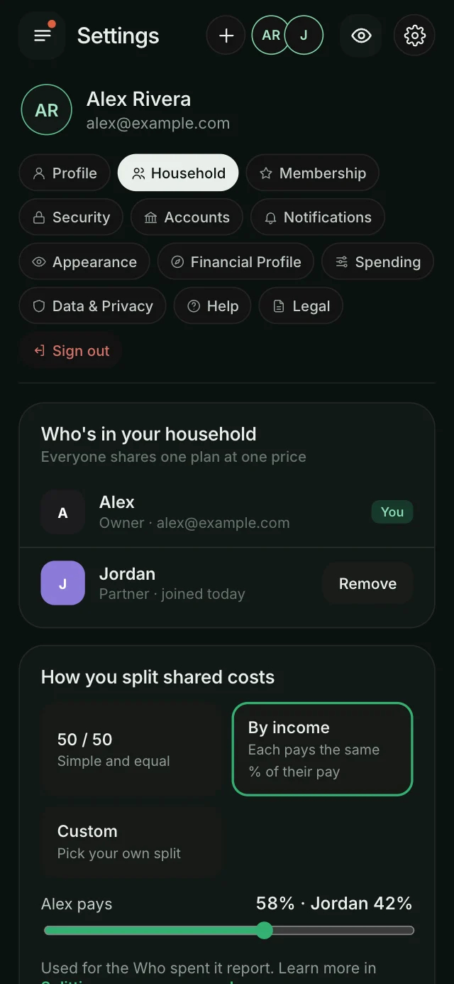 Household settings: how you split shared costs
